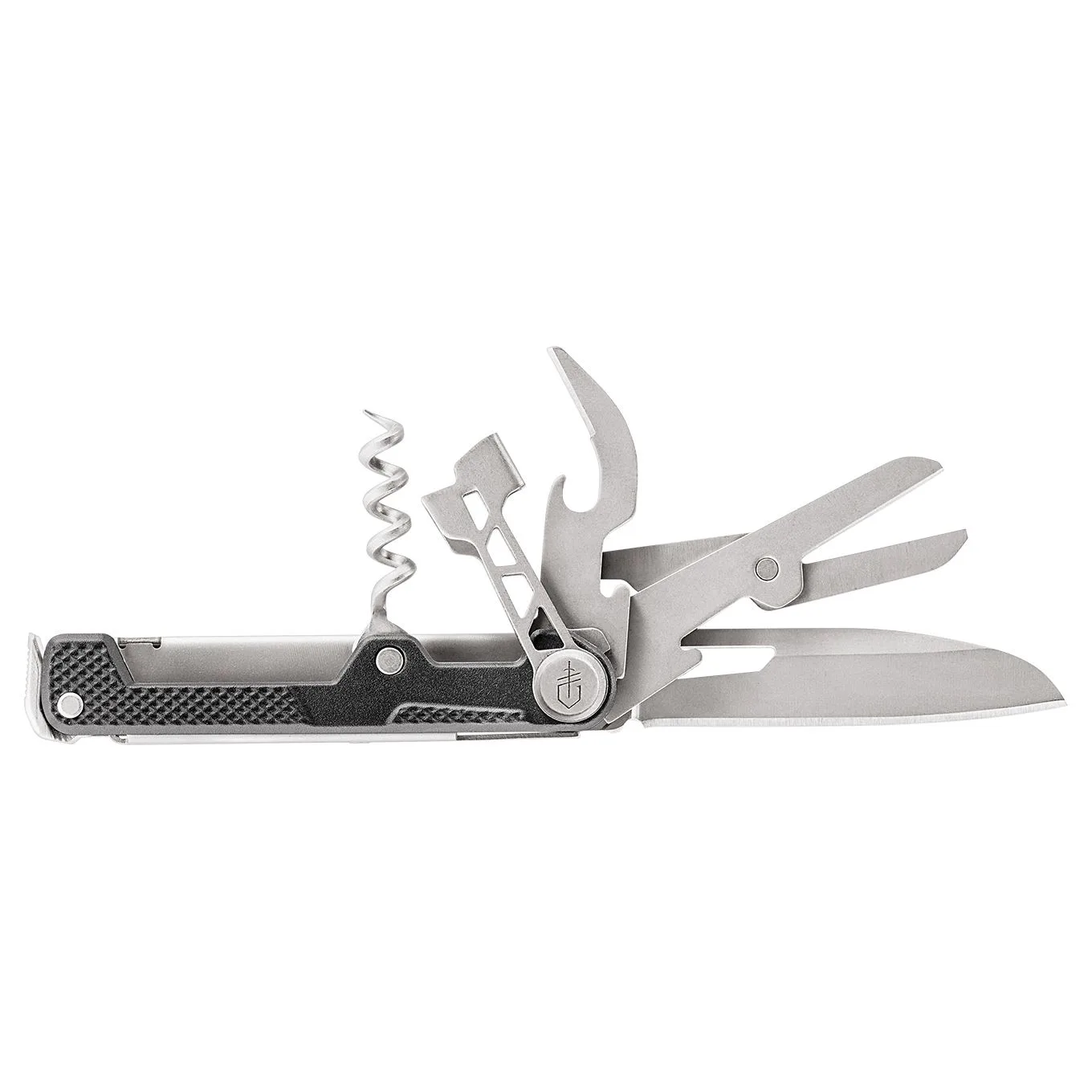 A silver and black Gerber multitool is shown with its main blade, corkscrew, and other implements deployed.