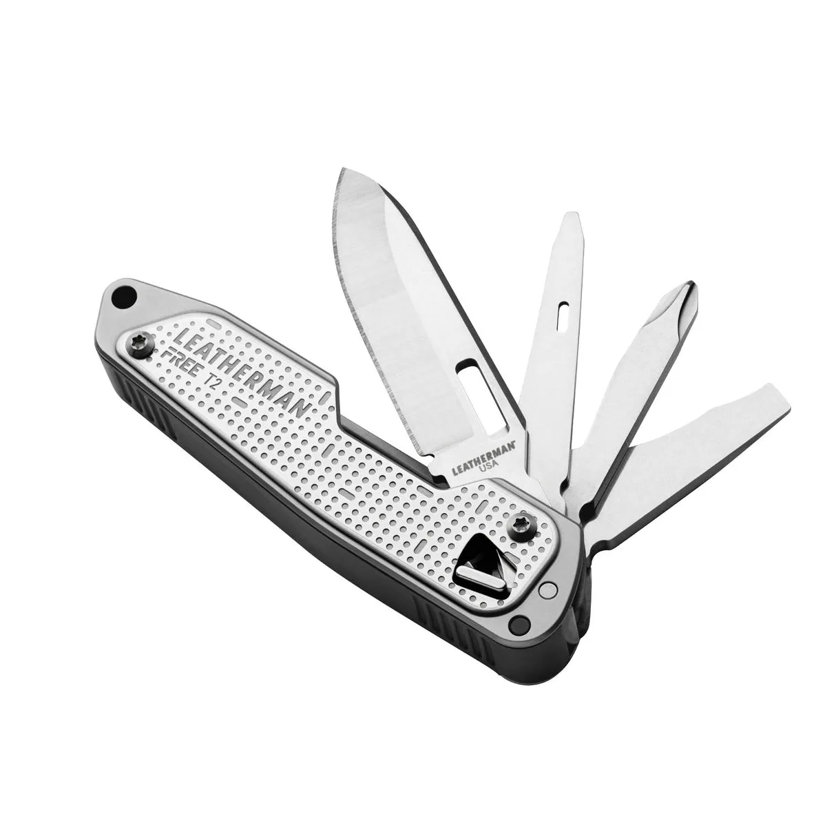 A silver Leatherman FREE T2 multitool is shown with its main blade and several other tools deployed from the handle.