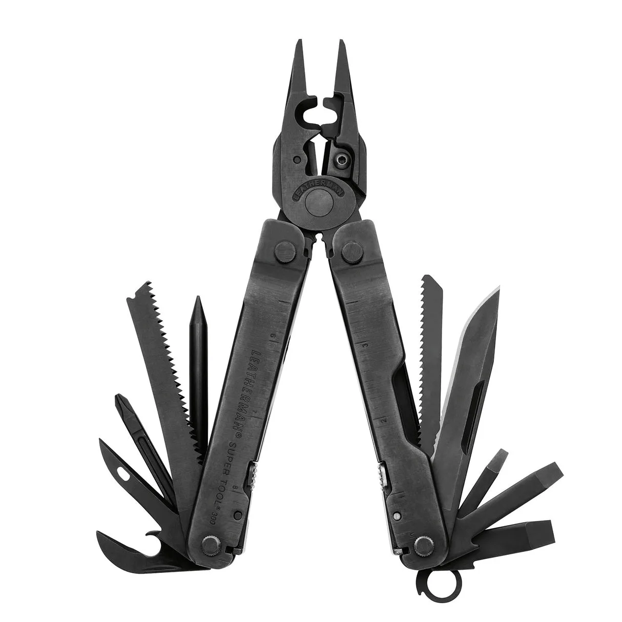 A black Leatherman Super Tool 300 multitool is shown with its pliers open and multiple tools, including saws, blades, and drivers, fanned out on both sides.