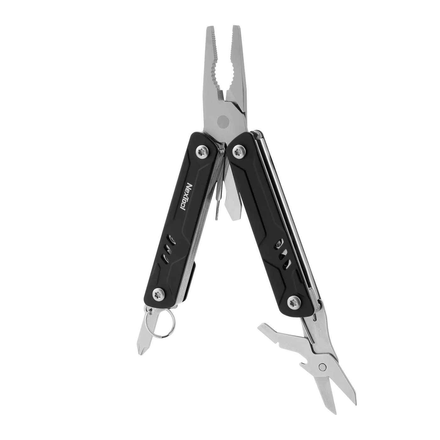 A black NexTool multitool with the pliers and a bottle opener deployed on a white background.