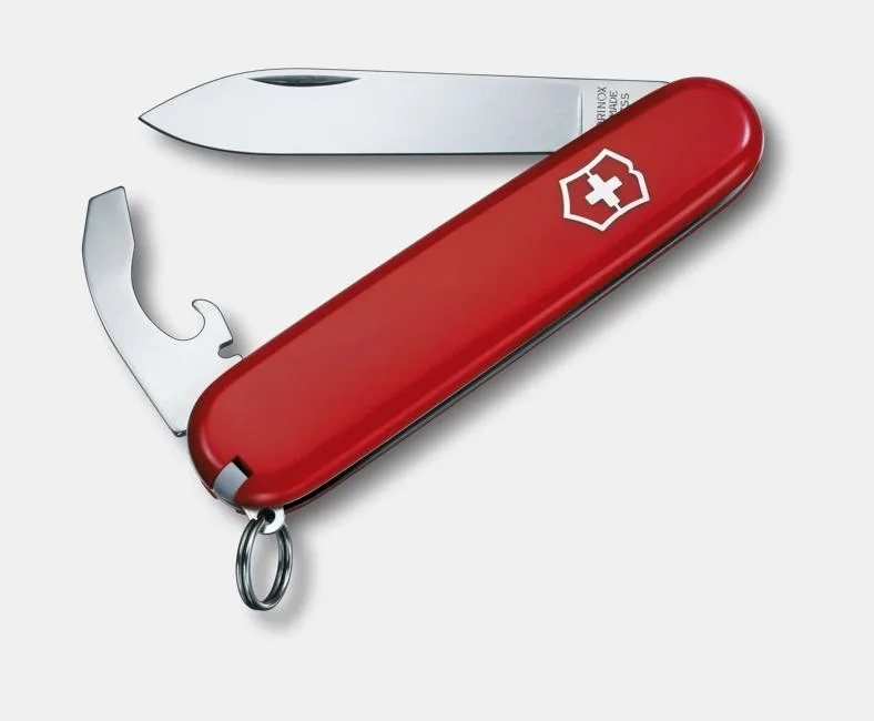 A red Victorinox pocket knife with the main blade and a bottle opener tool deployed against a white background.