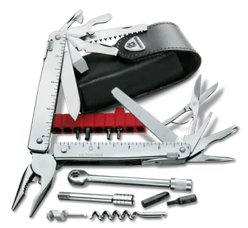 A Victorinox Companion X Alox multitool is shown with its tools deployed, including pliers, blades, and a ruler, alongside a leather sheath and a red holder containing screwdriver bits.