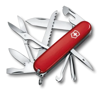 A red Victorinox Swiss Army knife with its tools fanned out against a black background.