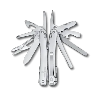 Two silver Victorinox Swiss Army knives are shown side-by-side with all their tools fanned out against a black background.